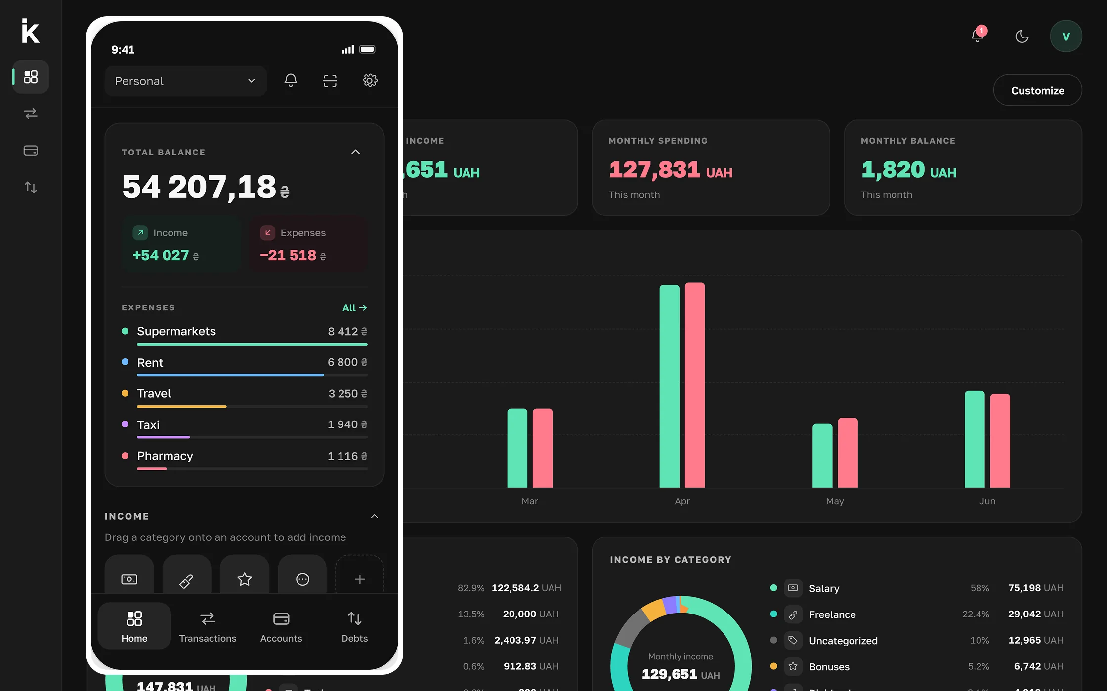 Krokly AI personal-finance app dashboard on desktop and mobile