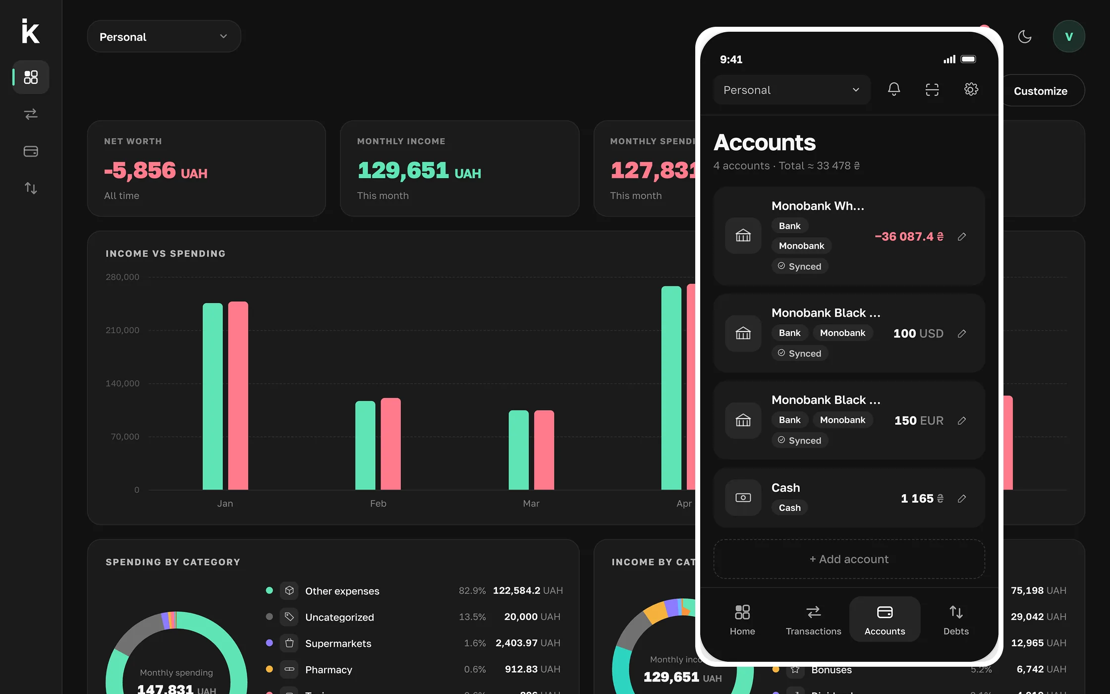 Krokly Monobank-connected accounts with multi-currency aggregation — hryvnia alongside major fiat and BTC, ETH and USDT