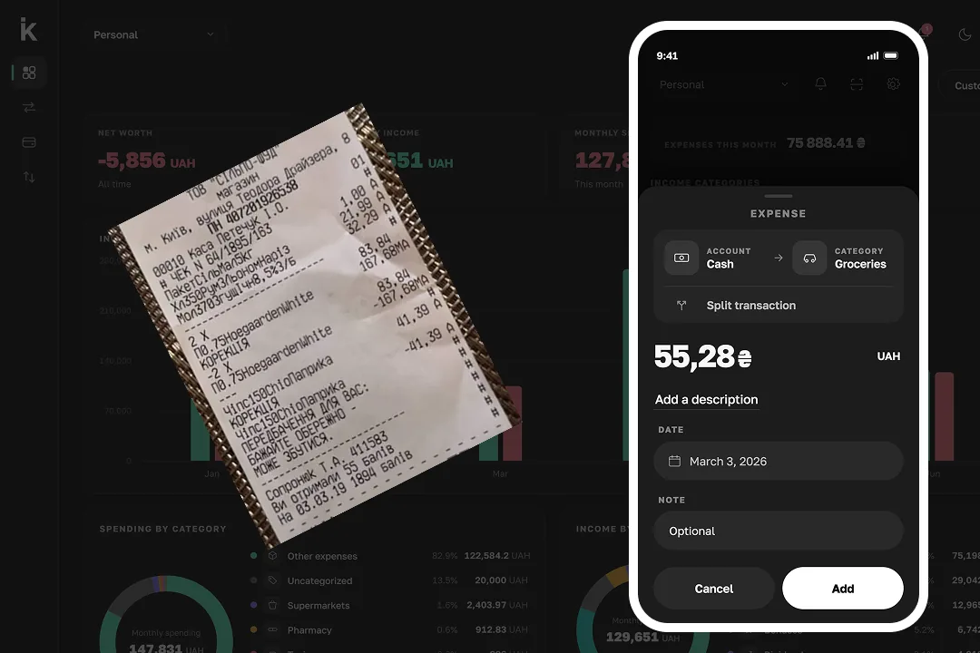 Krokly AI receipt scan — a photographed receipt auto-filled into a transaction with date, amount, merchant and a suggested category