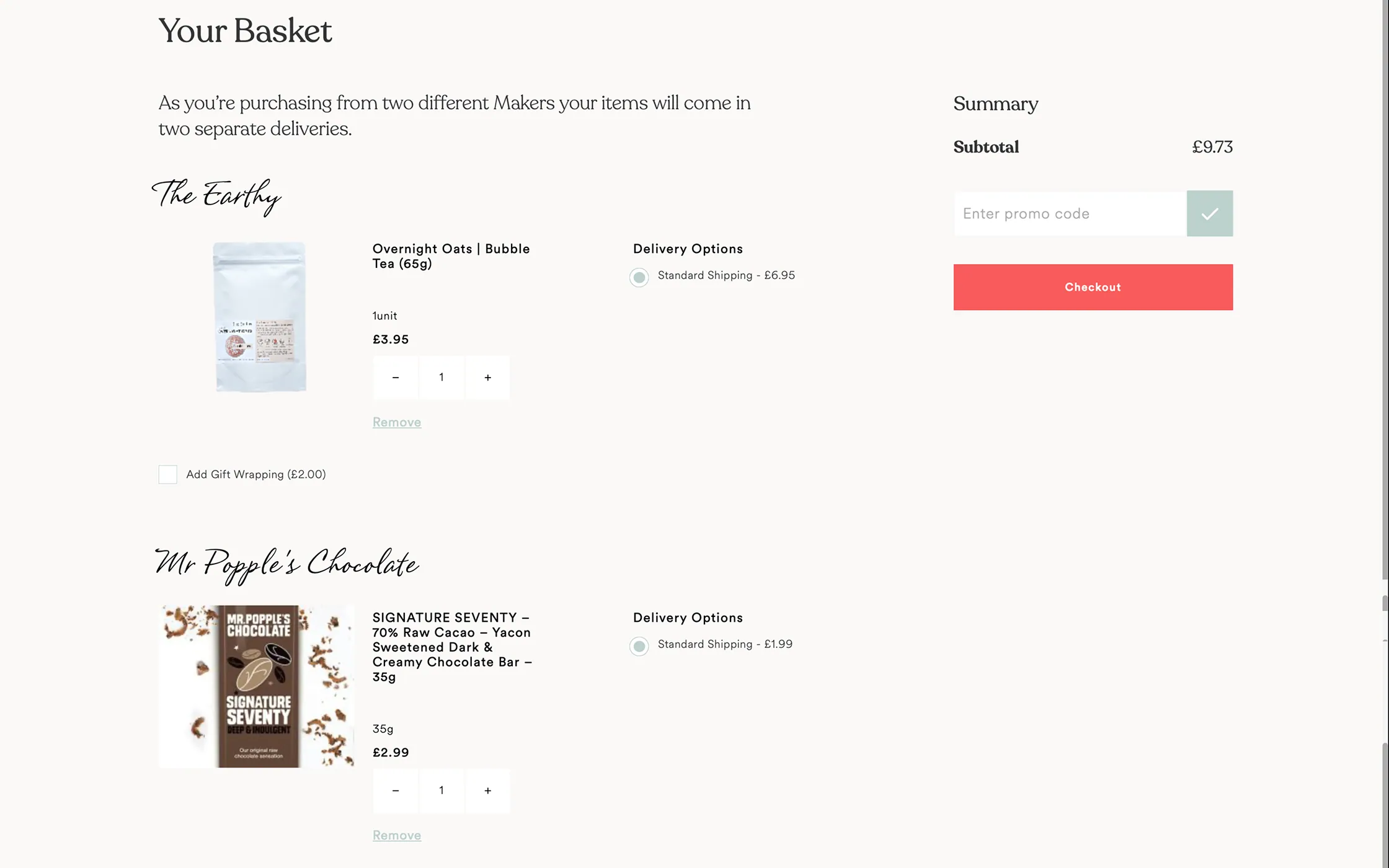 Customer order split across several independent Makers at checkout