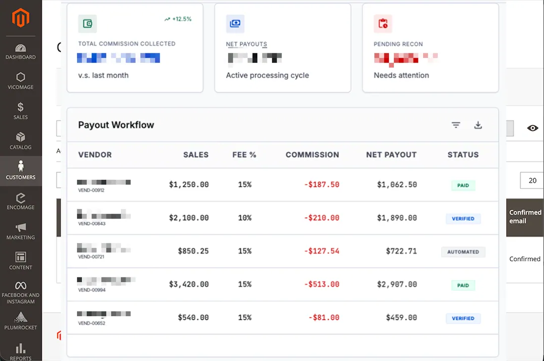 Automated vendor commission and invoicing view with sample payout data