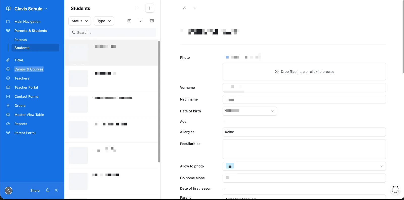 Airtable interface: students list and student record