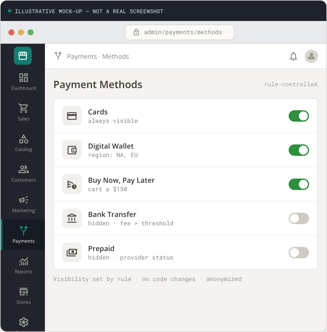 Payment-method management — rules showing or hiding methods at checkout (anonymized)