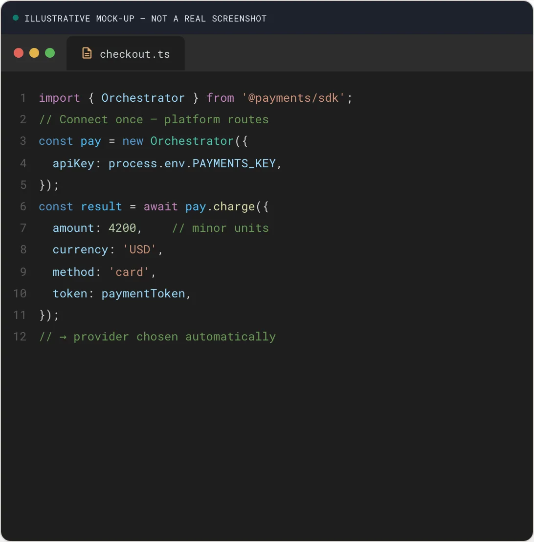 Client SDK — a single-call integration code snippet with generic placeholders